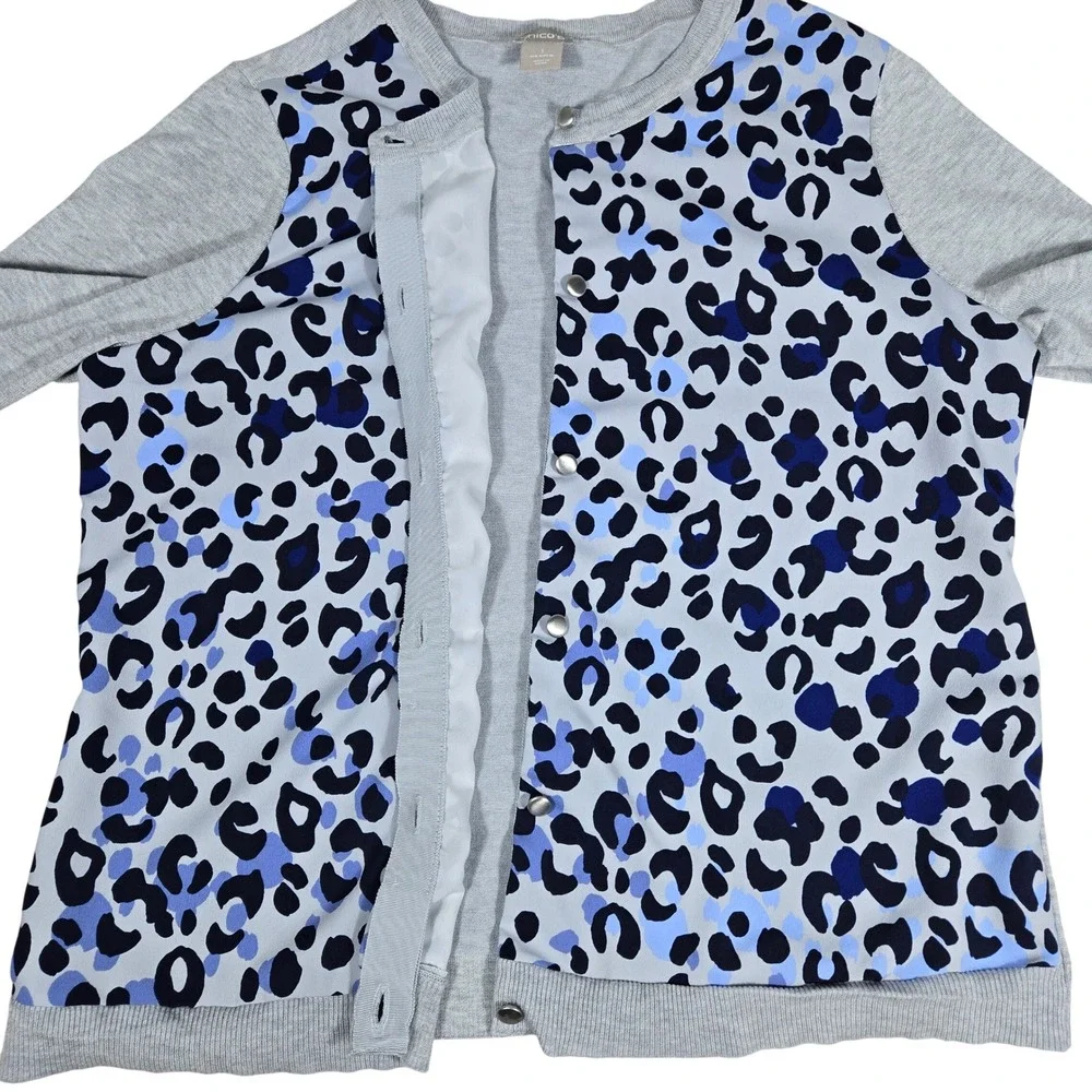 Chico's Grey Blue Leopard‎ Print Mixed Media Button Front Cardigan Sweater M
